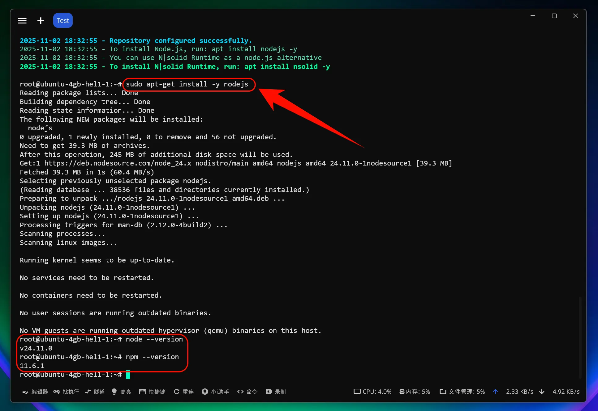 Linux 验证 Node.js 和 npm