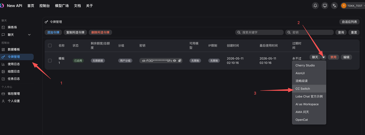 从 Token 行选择 CC Switch 配置入口